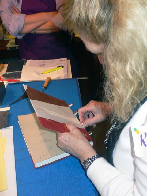 Gallery of images showing Kitty Maryatt constructing the Laced-on Binding with students watching.